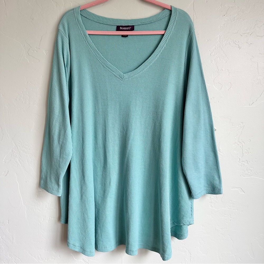 Roaman's Women's Aqua Waffle Thermal V-Neck Swing Tunic Top Size 18/20 EUC